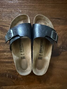 Birkenstock Black Leather Single-Strap Slide with Buckle
